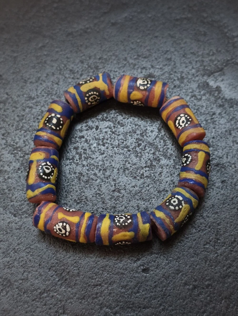 Handmade African Trade Bead Style Stretchy Bracelet – Yellow & Blue Krobo Beads